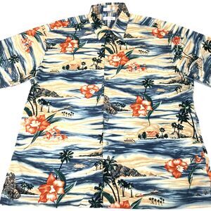 Pierre Cardin Mens XL Flower Boats Palm Trees Hawaiian Style Shirt Cotton